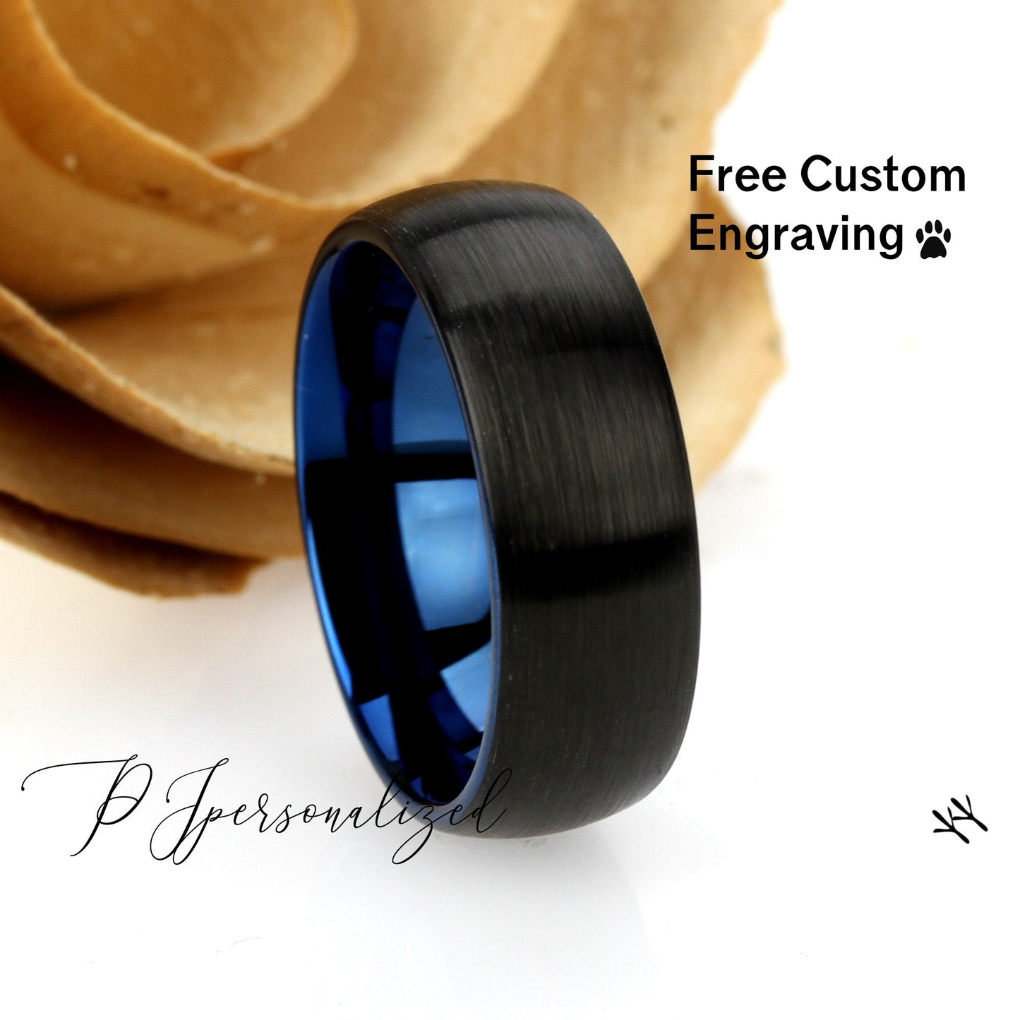 Tungsten Wedding Band Men Blue, 8mm Domed Black Tungsten Ring For Men, Mens Blue Black Tungsten Promise Ring, Husband Gift