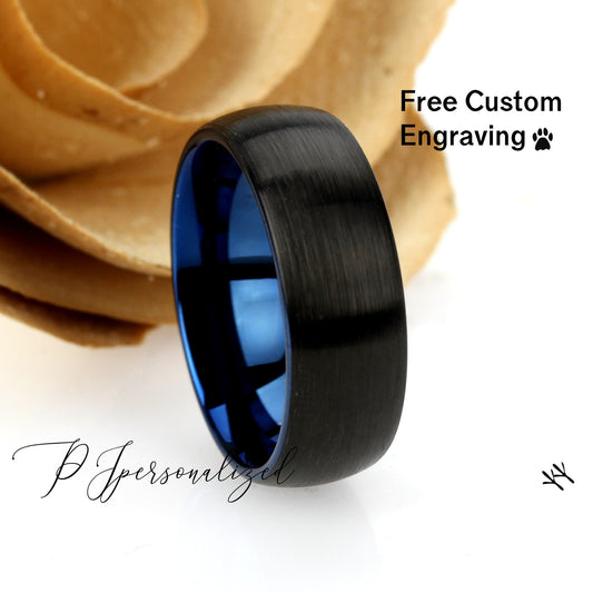 Tungsten Wedding Band Men Blue, 8mm Domed Black Tungsten Ring For Men, Mens Blue Black Tungsten Promise Ring, Husband Gift