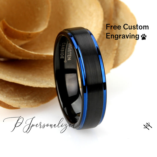 Tungsten Ring, Women's Tungsten Wedding Band, Women's Black & Blue Wedding Band, Black Tungsten Ring Band, Anniversary Ring, 6mm Ring