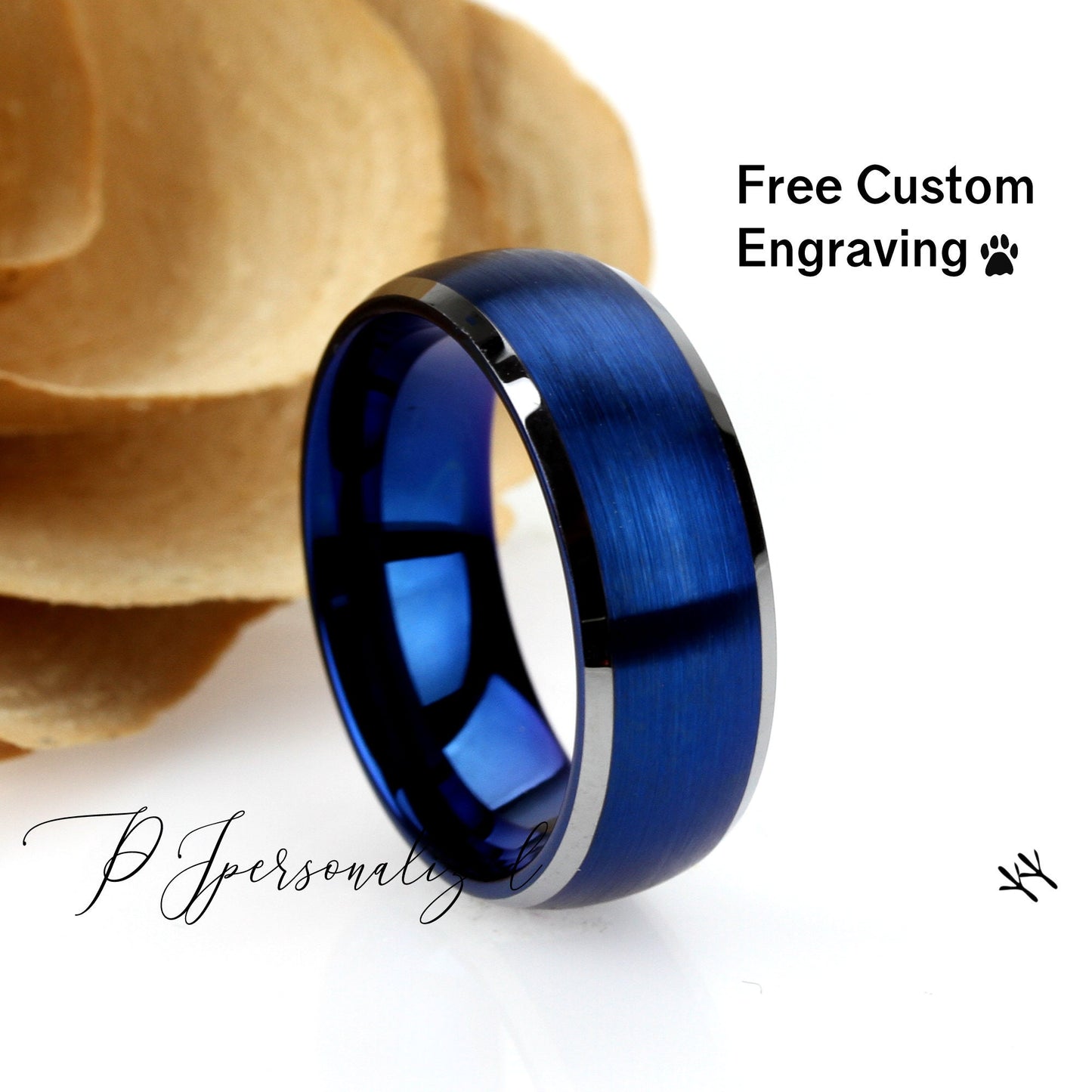 Tungsten Wedding Band Men Blue, 8mm Domed Brushed Tungsten Ring For Men, Beveled Edges Mens Blue Tungsten Promise Ring, Husband Gift