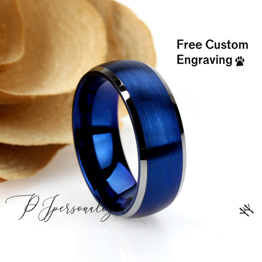 Tungsten Wedding Band Men Blue, 8mm Domed Brushed Tungsten Ring For Men, Beveled Edges Mens Blue Tungsten Promise Ring, Husband Gift
