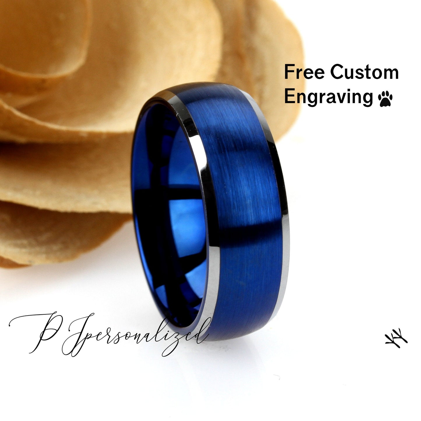 Tungsten Wedding Band Men Blue, 8mm Domed Brushed Tungsten Ring For Men, Beveled Edges Mens Blue Tungsten Promise Ring, Husband Gift