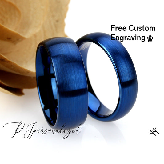 His And Hers Tungsten Wedding Band Set Blue, 8mm 6mm, Brushed Blue Ring, Tungsten Carbide Ring, Promise Ring For Couple