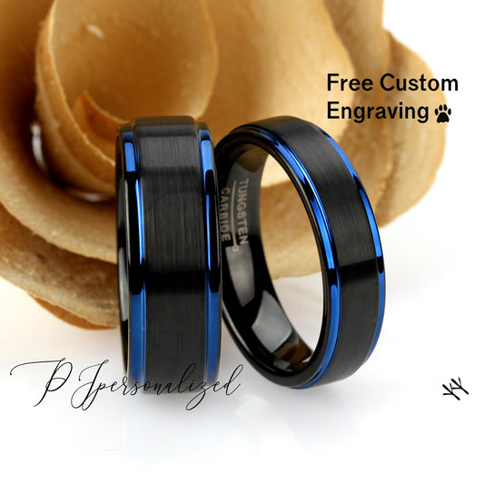 His And Hers Tungsten Wedding Band Set Black Blue, 8mm 6mm, Brushed Black Ring, Tungsten Carbide Ring, Promise Ring For Couple