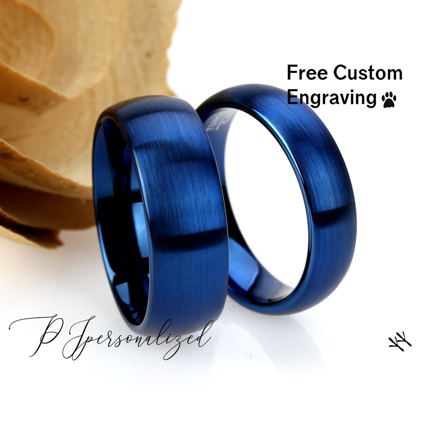 His And Hers Tungsten Wedding Band Set Blue, 8mm 6mm, Brushed Blue Tungsten Carbide Ring, Promise Ring For Couple, Wood Box