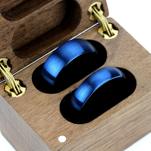 His And Hers Tungsten Wedding Band Set Blue, 8mm 6mm, Brushed Blue Tungsten Carbide Ring, Promise Ring For Couple, Wood Box