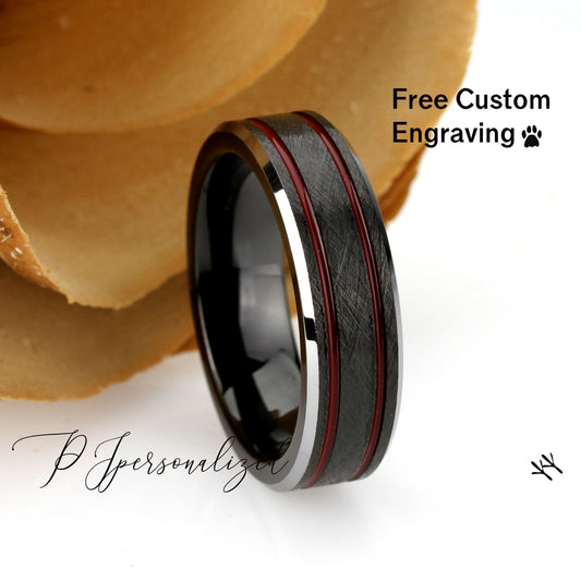 Tungsten Ring, Women's Tungsten Wedding Band, Women's Black & Red Lines Wedding Band, Black Tungsten Ring Band, Anniversary Ring, 6mm Ring