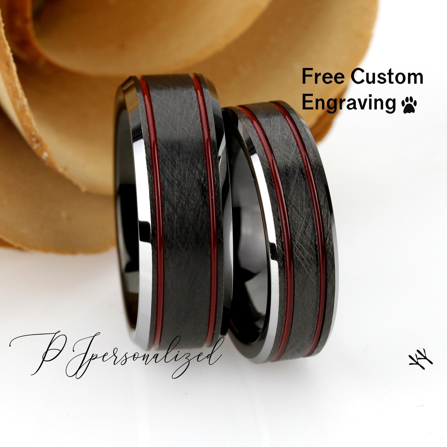 His And Hers Tungsten Wedding Band Set,8mm 6mm, Charcoal Gray With Red Stripes, Tungsten Carbide Ring, Promise Ring For Couple, Wood Box