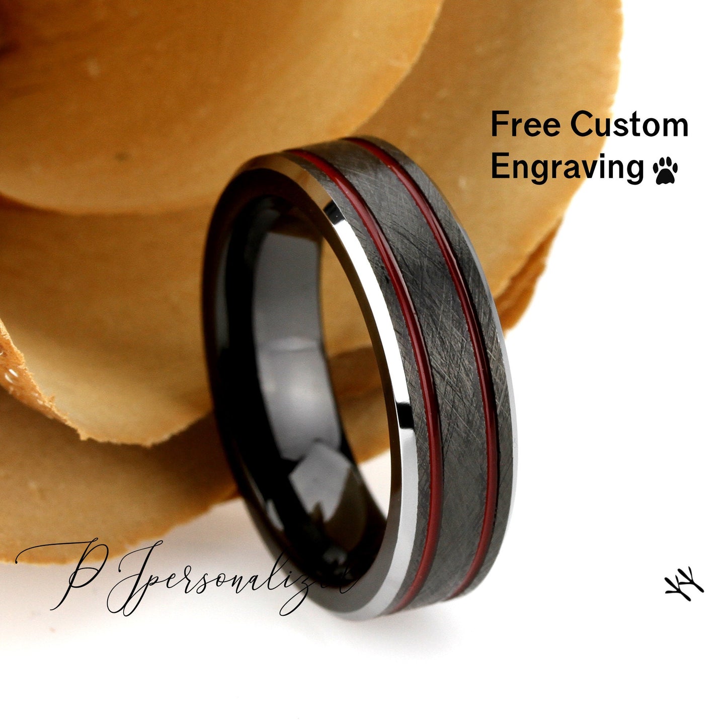 His And Hers Tungsten Wedding Band Set,8mm 6mm, Charcoal Gray With Red Stripes, Tungsten Carbide Ring, Promise Ring For Couple, Wood Box