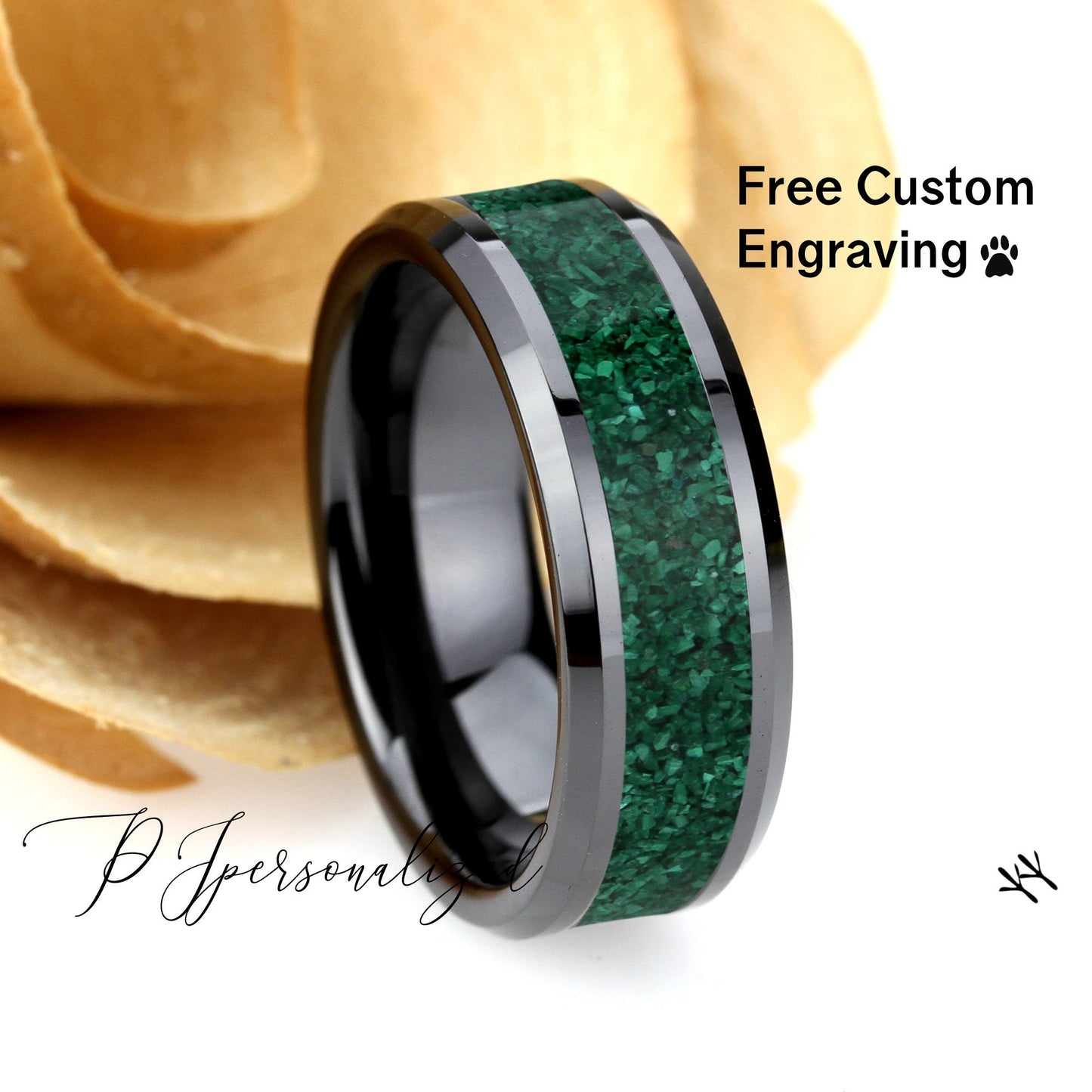 Crushed Natural MALACHITE Inlay 8mm TUNGSTEN Wedding Band Men & Women, Black CERAMIC Wedding Band For Men For Women, Promise Gift