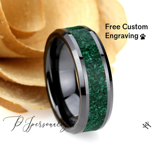 Crushed Natural MALACHITE Inlay 8mm TUNGSTEN Wedding Band Men & Women, Black CERAMIC Wedding Band For Men For Women, Promise Gift