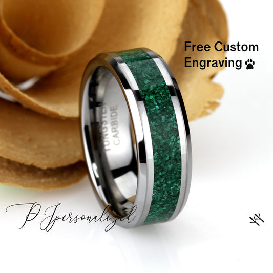 Crushed Natural MALACHITE Inlay 8mm TUNGSTEN Wedding Band Men & Women, Black CERAMIC Wedding Band For Men For Women, Promise Gift