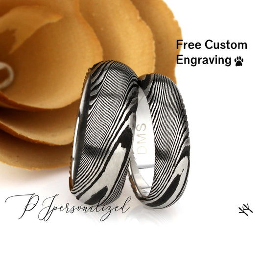 His And Hers Damascus Wedding Band Set, Ring For Men & Women, 8mm/6mm, Forged Burl Wood Pattern, Damascus Promise Ring, Custom Wood Ring Box