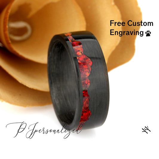 Fire Opal Wedding Band His Or Hers, Red Fire Opal Inlay, Mountain Pattern Durable Carbon Fiber Ring, His Or Hers Wedding Ring