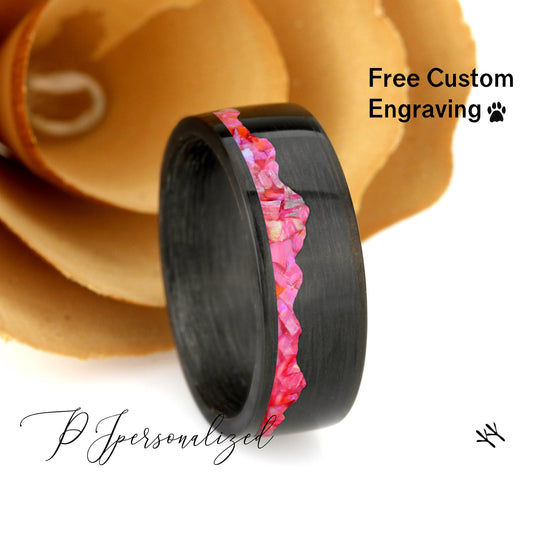 Fire Opal Wedding Band His Or Hers, Pink Fire Opal Inlay, Mountain Pattern Durable Carbon Fiber Ring, His Or Hers Wedding Ring