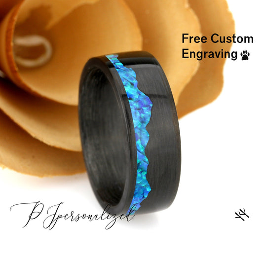 Fire Opal Wedding Band His Or Hers, Ocean Blue Fire Opal Inlay, Mountain Pattern Durable Carbon Fiber Ring, His Or Hers Wedding Ring