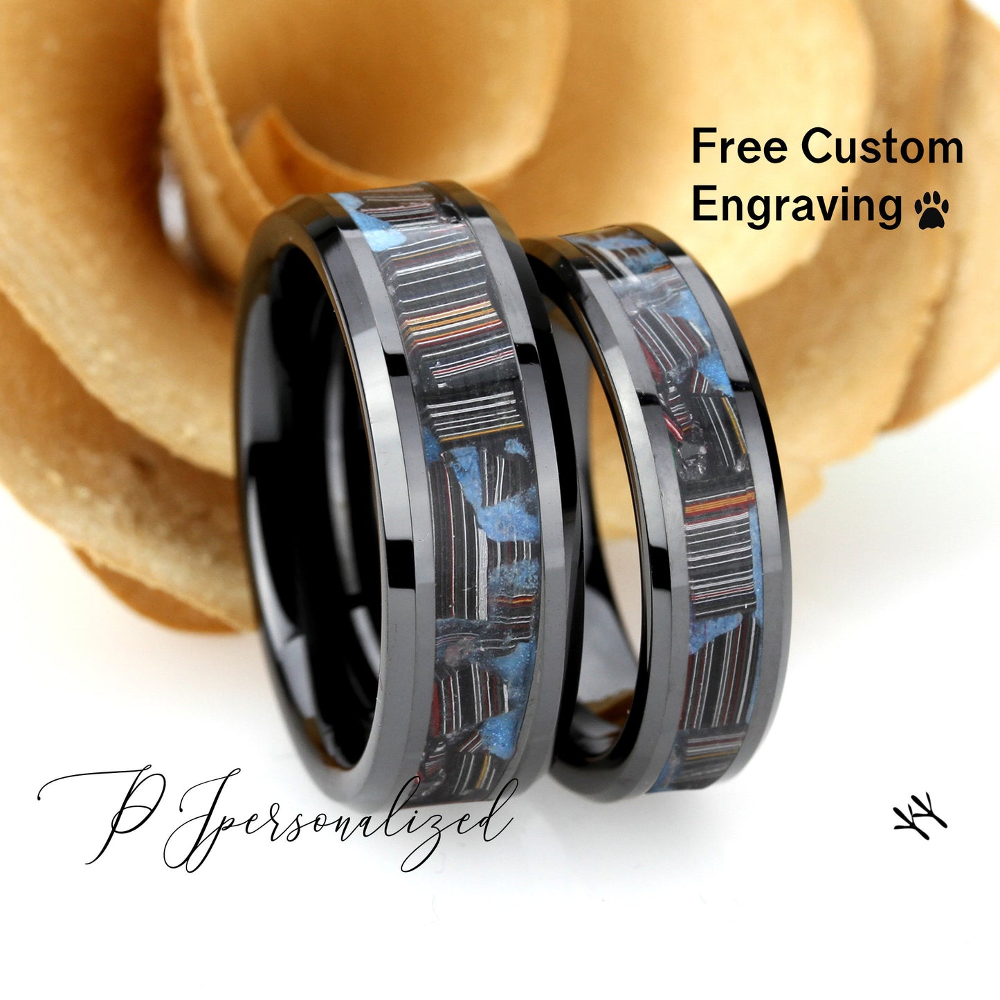 His And Hers Black Ceramic Wedding Band Set, Fordite Inlay Ceramic Ring For Men & Women, 8mm, 6mm, Promise Ring For Couple, Glow Ring