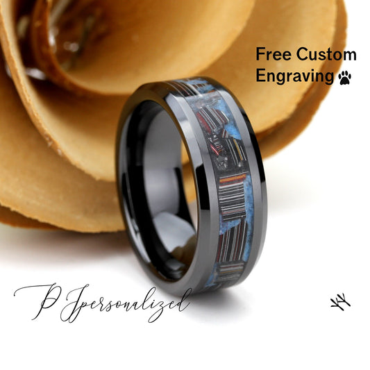 His And Hers Black Ceramic Wedding Band Set, Fordite Inlay Ceramic Ring For Men & Women, 8mm, 6mm, Promise Ring For Couple, Glow Ring