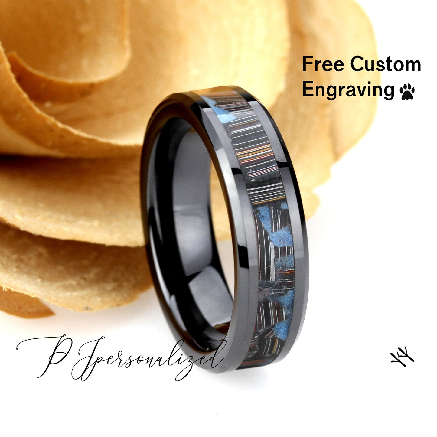 His And Hers Black Ceramic Wedding Band Set, Fordite Inlay Ceramic Ring For Men & Women, 8mm, 6mm, Promise Ring For Couple, Glow Ring