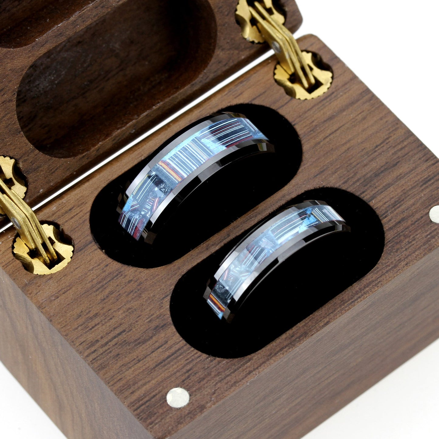 His And Hers Ceramic Wedding Band Set, Fordite Inlay Black Ceramic Ring For Men & Women, 8mm 6mm,Promise Ring For Couple, Wood Box