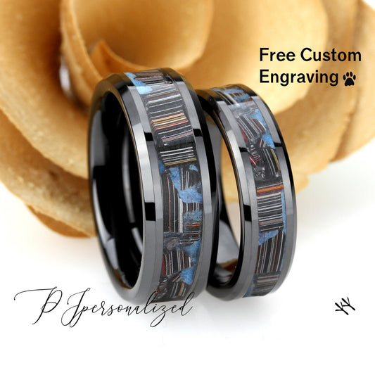 His And Hers Ceramic Wedding Band Set, Fordite Inlay Black Ceramic Ring For Men & Women, 8mm 6mm,Promise Ring For Couple, Wood Box