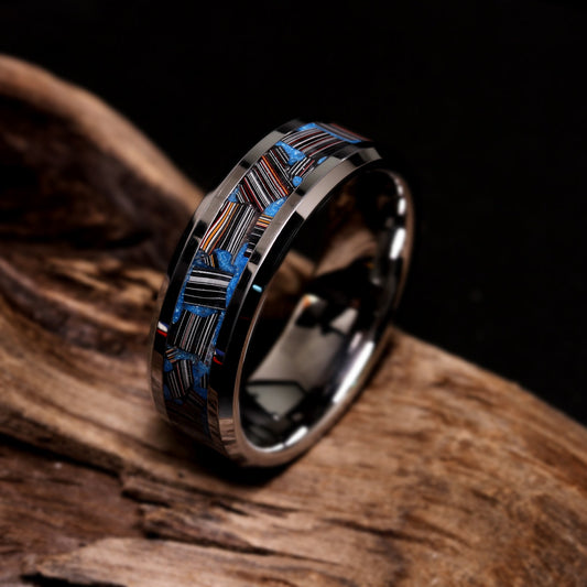 His And Hers Tungsten Wedding Band, Black Ceramic Wedding Band, Fordite Inlay Ring For Men & Women, 8mm/6mm, Promise Ring, Glow Ring