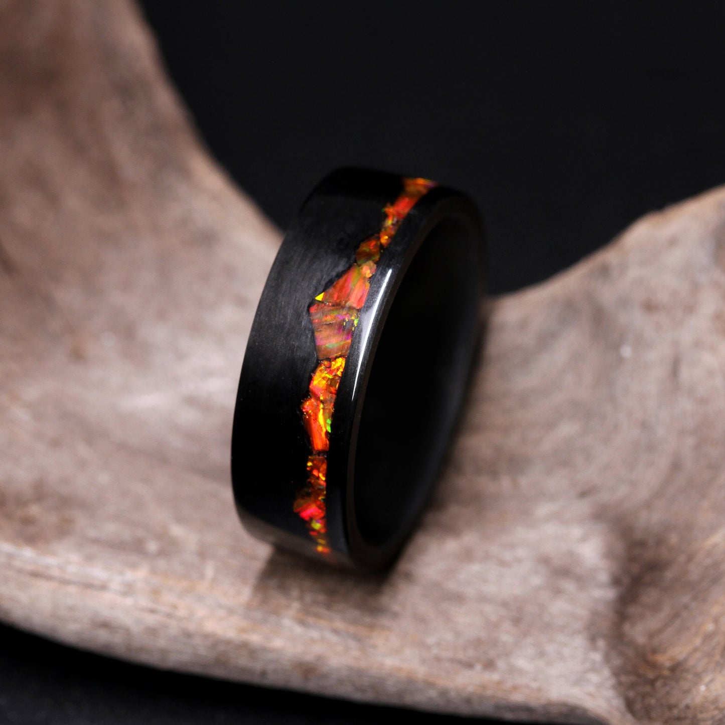 Fire Opal Wedding Band Or And Hers, Orange Fire Opal Inlay, Mountain Pattern Durable Carbon Fiber Ring, His Or Hers Wedding Ring