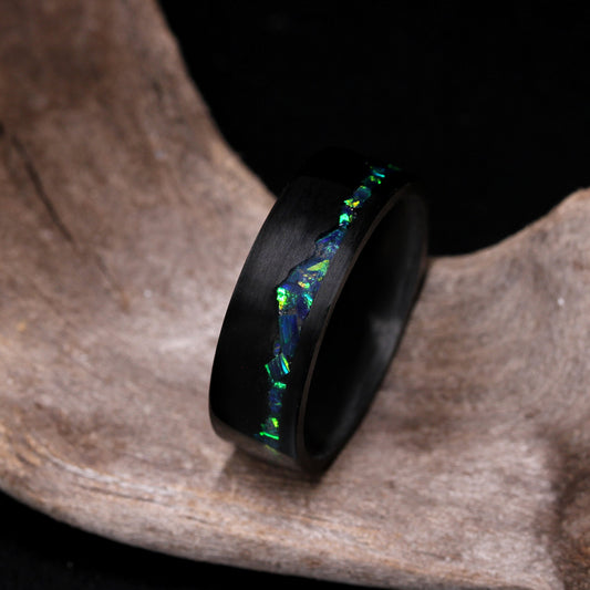 Fire Opal Wedding Band His Or Hers, Emerald Green Fire Opal Inlay, Mountain Pattern Durable Carbon Fiber Ring, His Or Hers Wedding Ring