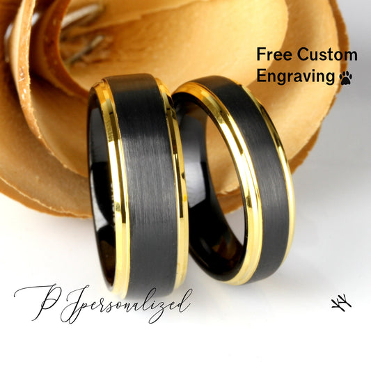 His And Hers Tungsten Wedding Band Set,8mm,6mm,Black & Gold Beveled Step Edges, Tungsten Carbide Ring, Promise Ring For Couple, Wood Box