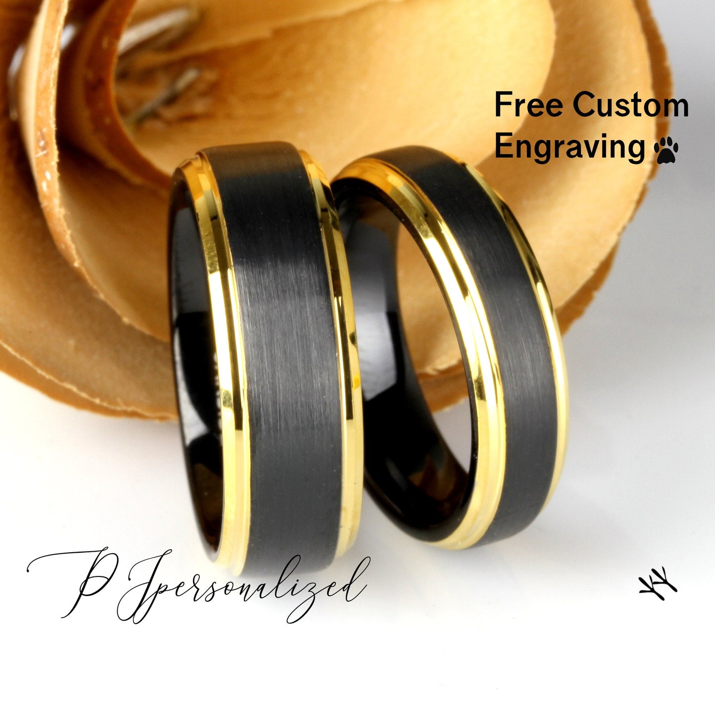 His And Hers Tungsten Wedding Band Set, Men & Women 8mm 6mm, Matte Black Top Yellow Gold Beveled Step Edges Ring, Promise Ring For Couple