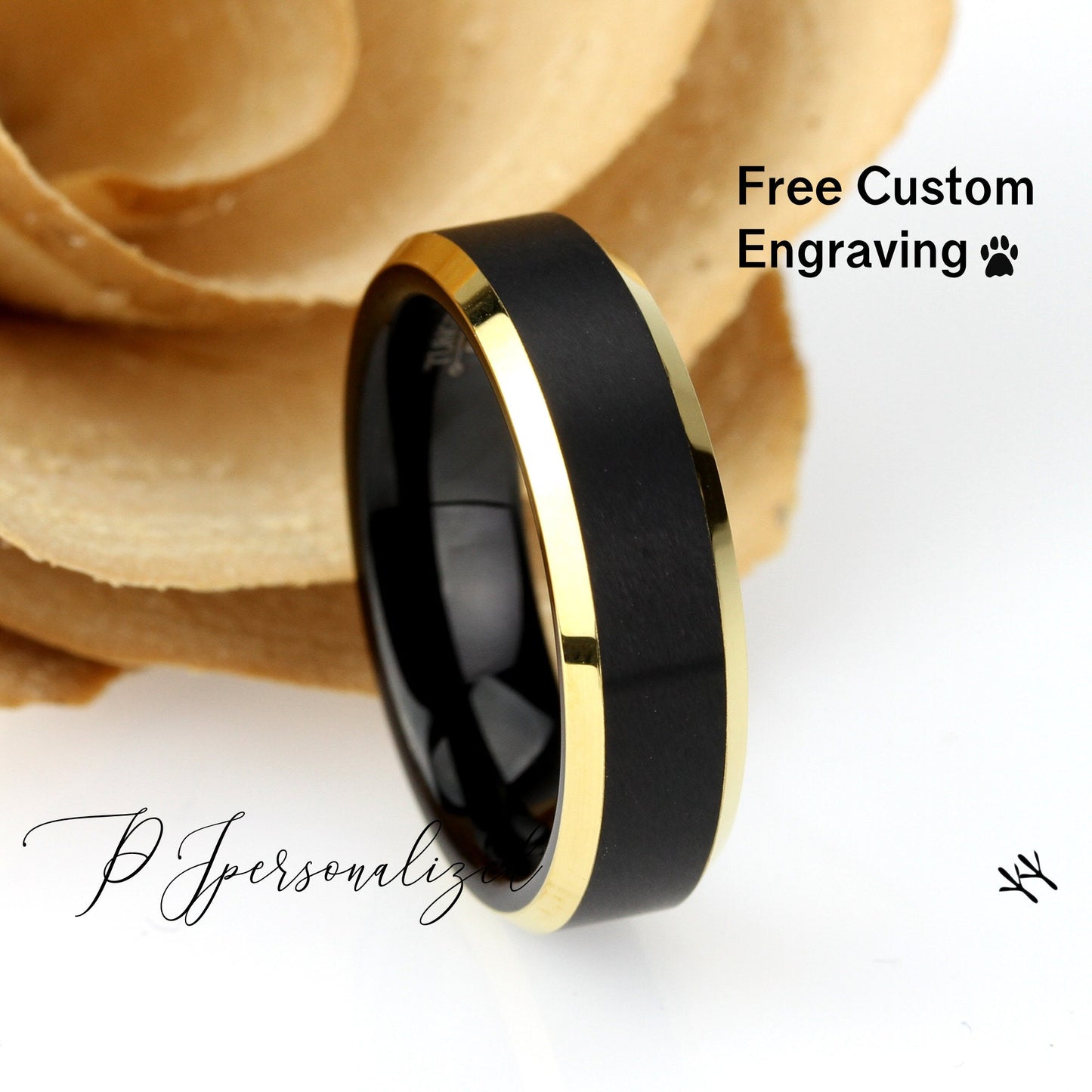 His And Hers Tungsten Wedding Band Set, Men & Women 8mm 6mm, Matte Black Top Yellow Gold Beveled Edges Ring, Promise Ring For Couple