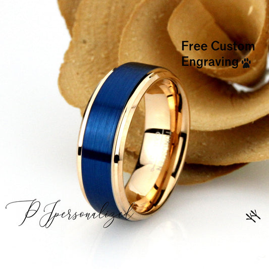 His And Hers Tungsten Wedding Band Set, Men & Women,8mm 6mm Blue Rose Gold Tungsten Carbide Ring, Promise Ring For Couple