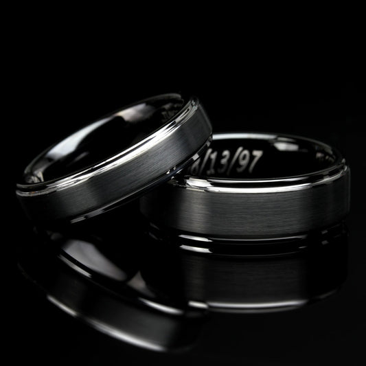 His And Hers Tungsten Wedding Band Set,Men & Women,8mm,6mm,Matte Black Top,Black Tungsten Carbide Ring, Promise Ring For Couple