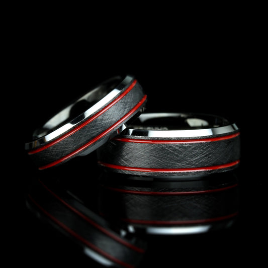 Tungsten Ring, Men's Tungsten Wedding Band, Men's Black Wedding Band, 6mm/8mm Black Textured Red Lines Tungsten Ring Band, Anniversary Ring