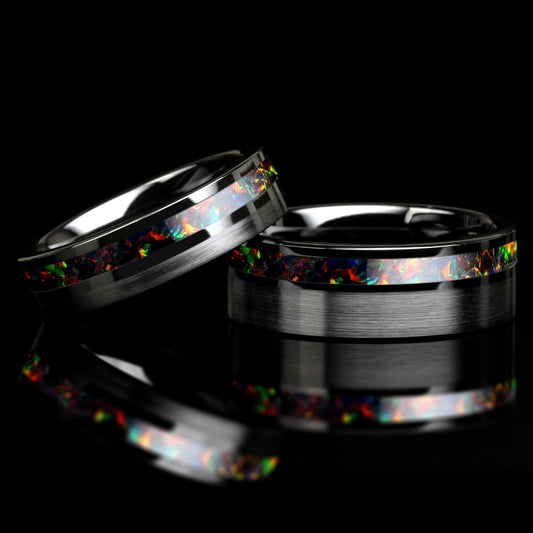 His Or Hers Wedding Band, Black Fire Opal Inlay Black Ceramic Ring For Men & Women, 8mm/6mm, Promise Ring For Couple