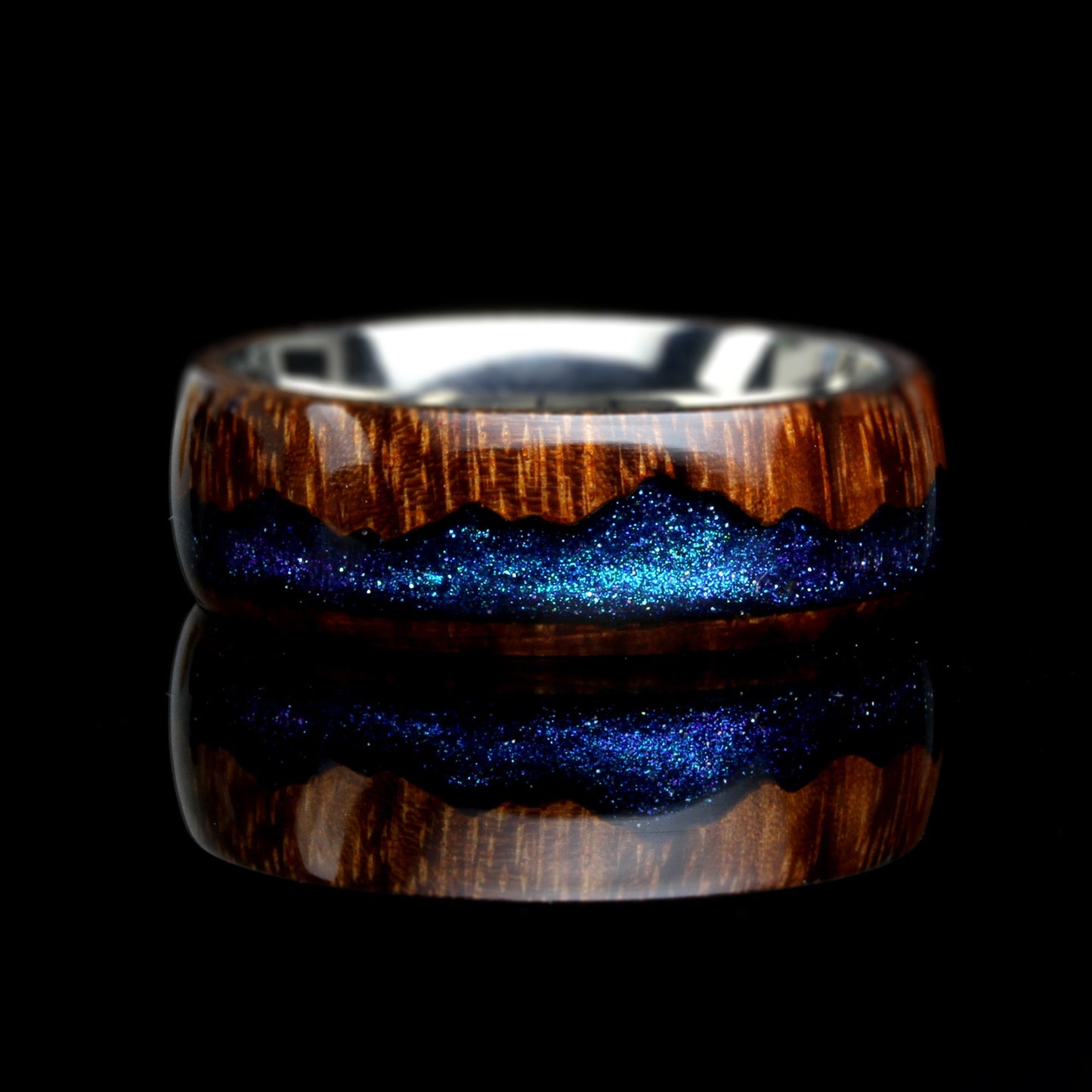 Wood Wedding Band His Or Hers, Night Blue Sky Meteorite Rain 8mm/6mm, Mountain Pattern Natural Solid Wood Ring, His And Hers Wedding Ring