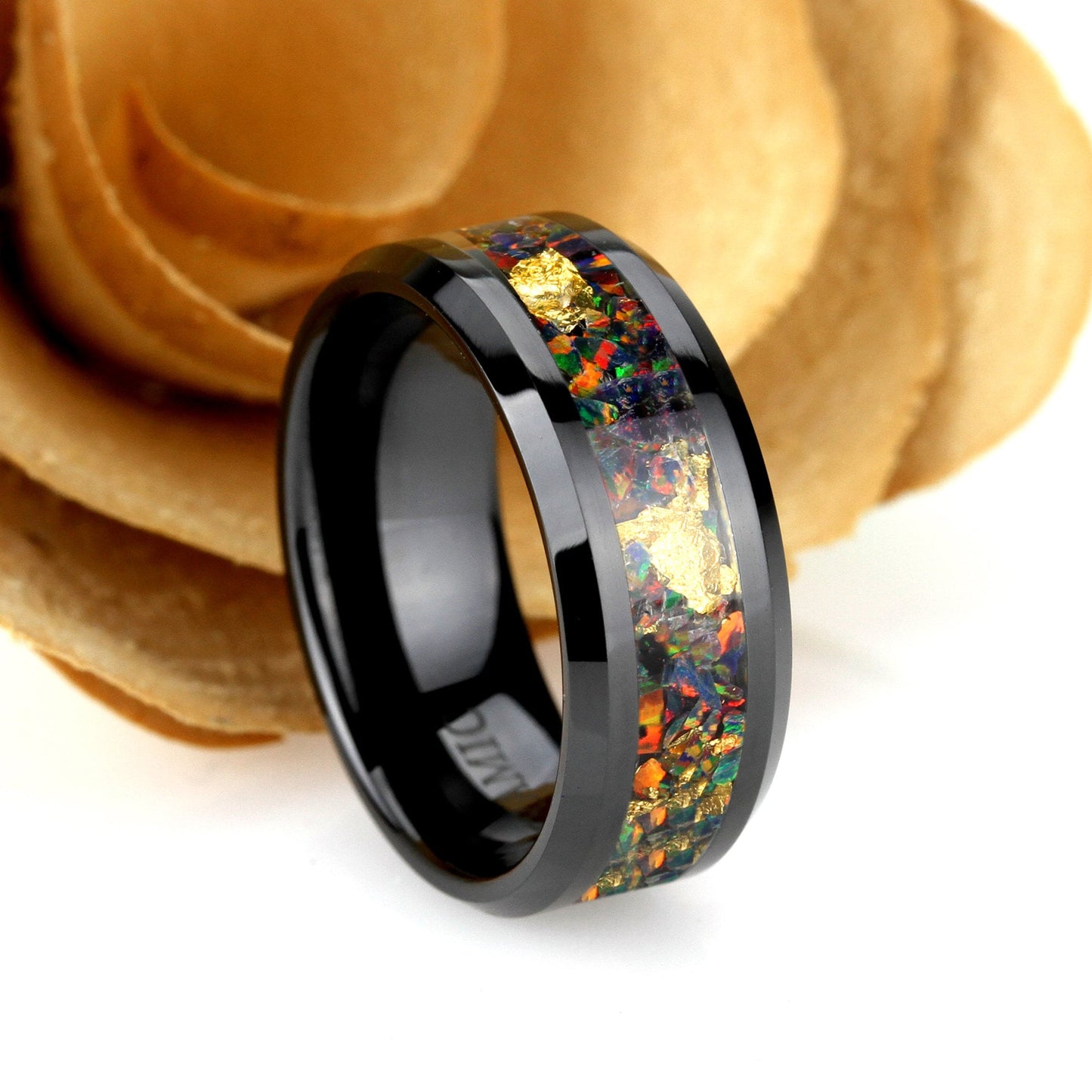 Crushed Black Fire Opal Wedding Band, 24K Gold Leaf, 8mm Tungsten Wedding Band Men & Women, Black Wedding Band For Men Women, Fire Opal Ring
