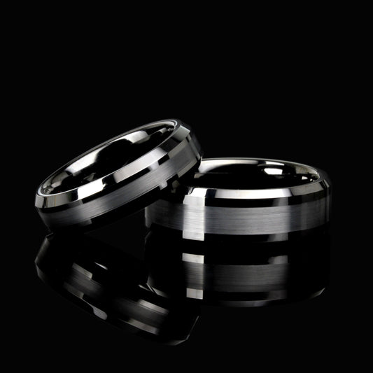 His And Hers Tungsten Wedding Band Set, Men & Women, 8mm, 6mm, Matte Center Black Tungsten Carbide Ring, Promise Ring For Couple, Wood Box