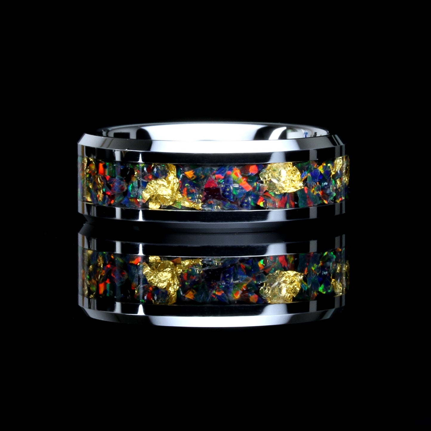 Crushed Black Fire Opal Wedding Band, 24K Gold Leaf, 8mm Tungsten Wedding Band Men & Women, Black Wedding Band For Men Women, Fire Opal Ring