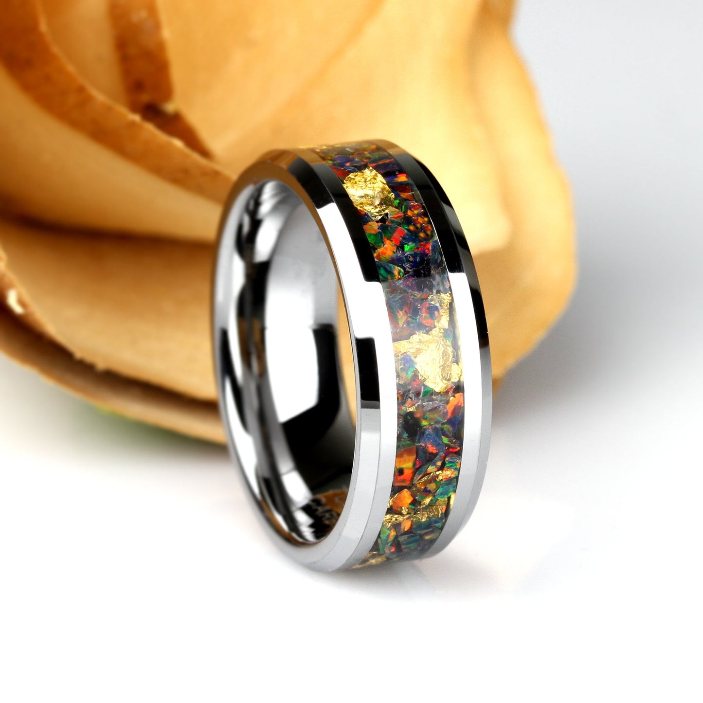 Crushed Black Fire Opal Wedding Band, 24K Gold Leaf, 8mm Tungsten Wedding Band Men & Women, Black Wedding Band For Men Women, Fire Opal Ring