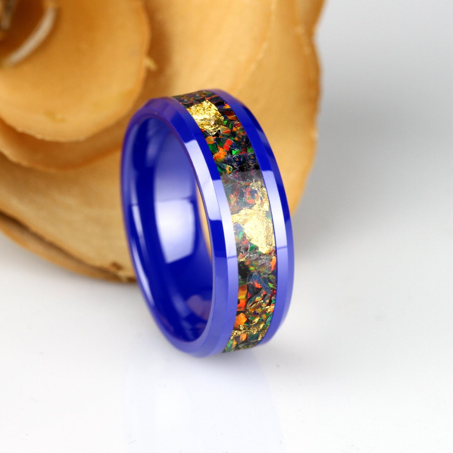 Crushed Black Fire Opal Wedding Band, 24K Gold Leaf, 8mm Tungsten Wedding Band Men & Women, Black Wedding Band For Men Women, Fire Opal Ring