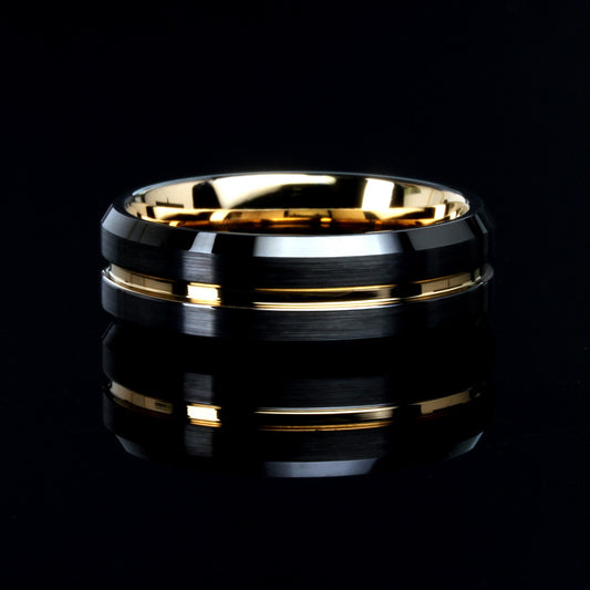 8mm Tungsten Wedding Band Men Black Rose Gold, Sand Brushed Black Tungsten Ring For Men Grooved Center, Tungsten Promise Ring For Men