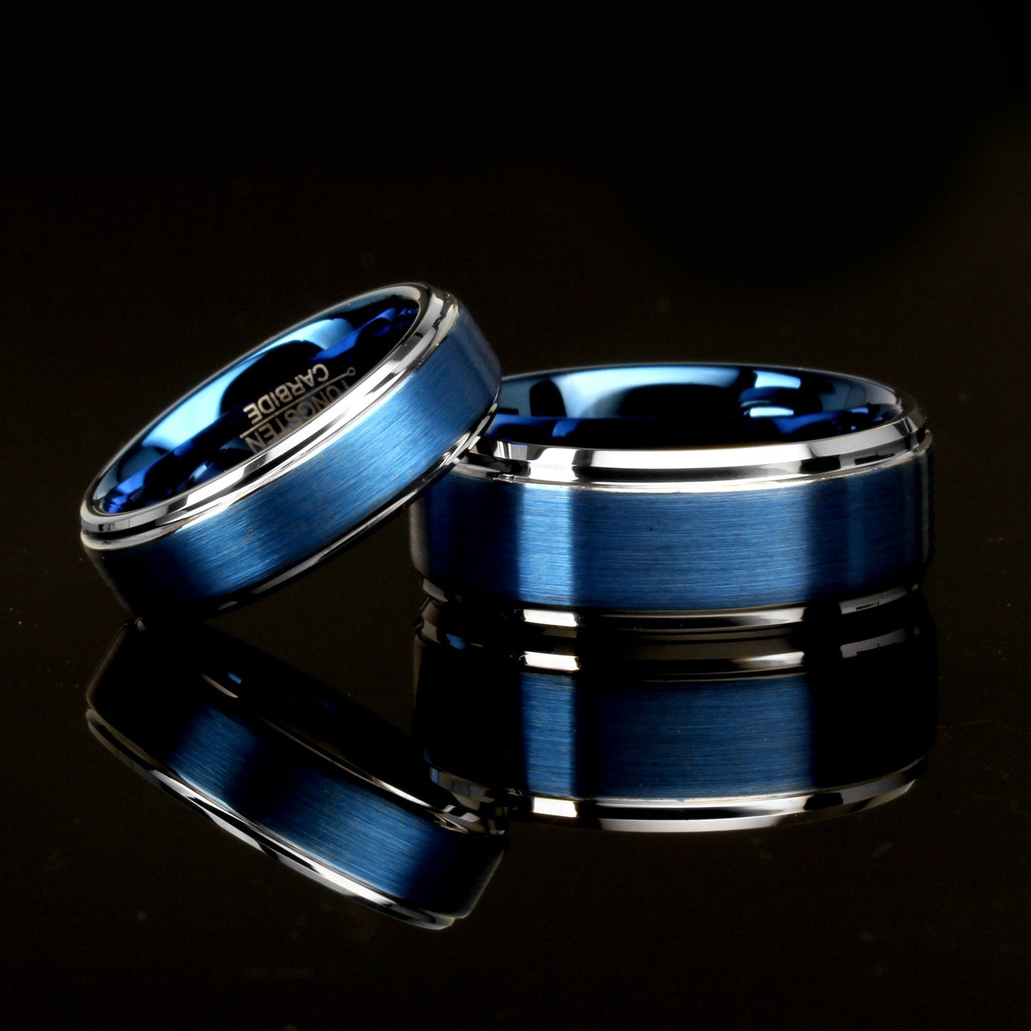 His And Hers Tungsten Wedding Band Set, Men & Women, 9mm, 6mm, Matte Center Blue Ring, Blue, Tungsten Carbide Ring, , Couple Gift, Wood Box