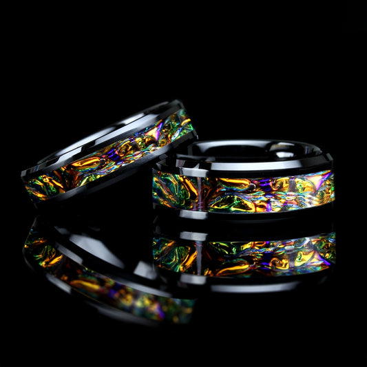 His And Hers Wedding Band Set, Red Fire Burl Dichrolam Inlay Black Ceramic Ring For Men & Women, 8mm 6mm,Promise Ring For Couple