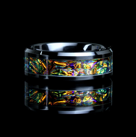 His And Hers Wedding Band Set, Red Fire Burl Dichrolam Inlay Black Ceramic Ring For Men & Women, 8mm 6mm,Promise Ring For Couple