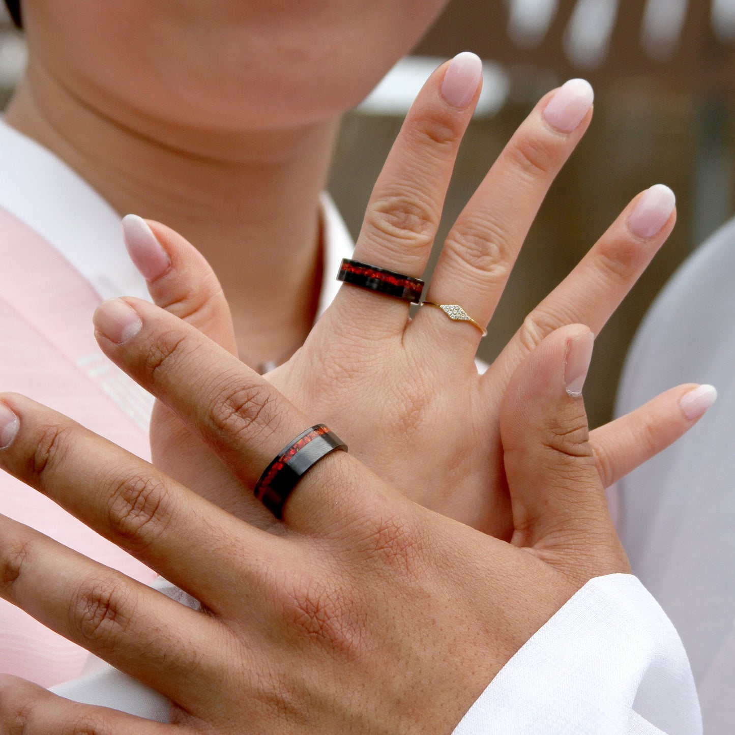 His Or Hers Wedding Band, Red Fire Opal Inlay Black Ceramic Ring For Men & Women, 8mm/6mm,Promise Ring For Couple