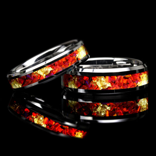 Red Fire Opal Wedding Band Ring Set, 24K Pure Gold Leaf Ring, 8mm/6mm His And Hers Tungsten Wedding Band Set, For Men & Women, Promise Gift