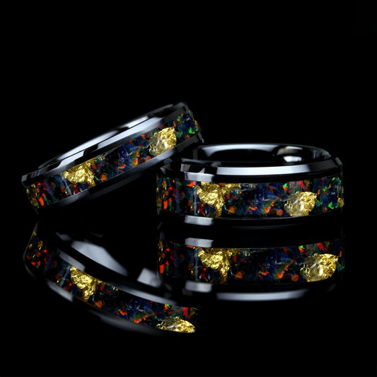 Black Rainbow Fire Opal Wedding Band Ring Set, 24K Pure Gold Leaf Ring, 8mm/6mm His And Hers Black Ceramic Wedding Band Set, Promise Gift