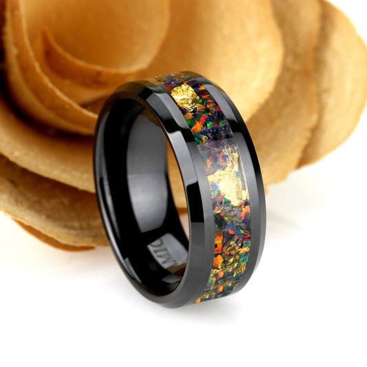 Black Rainbow Fire Opal Wedding Band Ring Set, 24K Pure Gold Leaf Ring, 8mm/6mm His And Hers Black Ceramic Wedding Band Set, Promise Gift