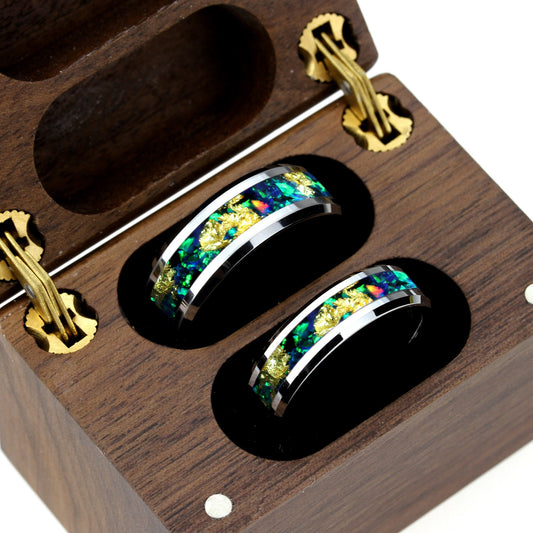 Emerald Green Fire Opal Wedding Band Ring Set, 24K Pure Gold Leaf Ring, 8mm/6mm His And Hers Tungsten Wedding Band Set, Promise Gift
